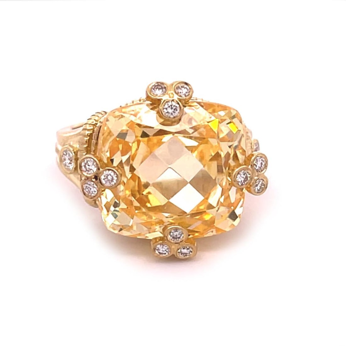 Judith Ripka 18k Yellow Gold Cocktail Ring with Canary Crystal and Diamonds: Judith Ripka 18k Yellow Gold Cocktail Ring with Canary Crystal and Diamonds This exquisite cocktail ring by Judith Ripka showcases a stunning faceted cushion-cut yellow canary crystal, elegantly set i