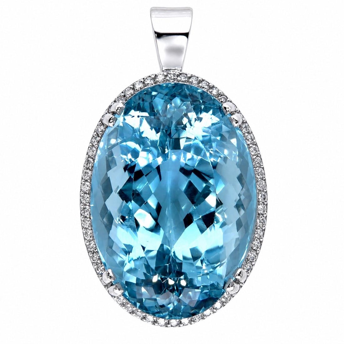 Blue Topaz Diamond Pendant 14K White Gold 99.17 Ct: Blue Topaz Diamond Pendant 14K White Gold 99.17 Ct This pendant features a striking 99.17 carat blue topaz set in 14K white gold, accented by 58 diamonds with a total weight of approximately 1.00 cara