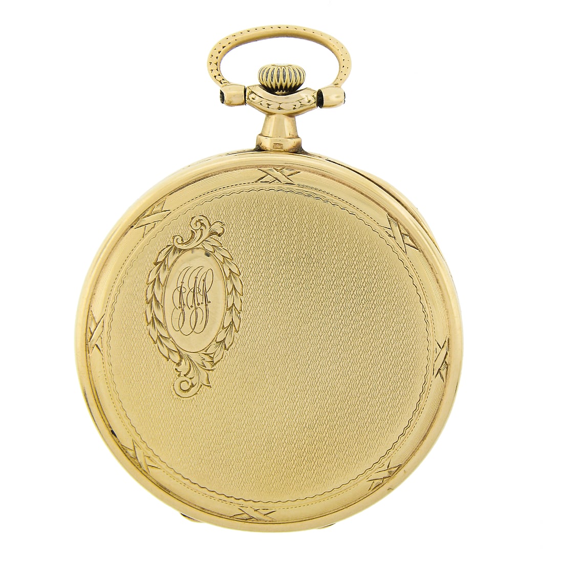 Longines 44mm Open Face Pocket Watch in 14k Yellow Gold: Longines 44mm Open Face Pocket Watch in 14k Yellow Gold Antique Longines Swiss open face pocket watch with a hand-wound mechanical movement and detailed engraved covers. This vintage piece features a 