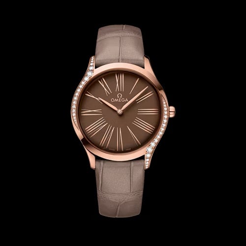De Ville Brown Dial Omega Watch Ref 428.58.36.60.13.001 with Leather Band and Card: De Ville Brown Dial Omega Watch Ref 428.58.36.60.13.001 with Leather Band and Card This Omega De Ville watch features a brown dial set in a smooth bezel adorned with diamonds, complemented by a leathe