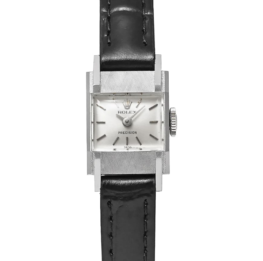 Ladies Rolex Precision Ref. 2158 Watch Silver Stick Dial Leather Band: Ladies Rolex Precision Ref. 2158 Watch Silver Stick Dial Leather Band Ladies Rolex Precision watch, reference 2158, with a silver stick dial and a generic leather band. The listing identifies the seri