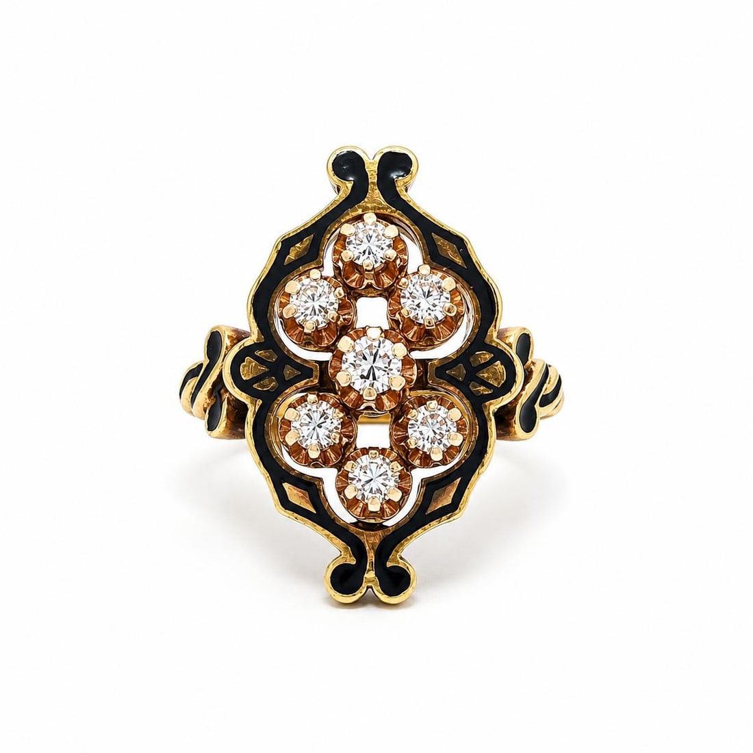 Unbranded 14k Yellow Gold Diamond Ring with Black Enamel Twisted Shank: Unbranded 14k Yellow Gold Diamond Ring with Black Enamel Twisted Shank Vintage midcentury women's ring in solid yellow gold with black enamel work, featuring seven natural genuine round brilliant cut 