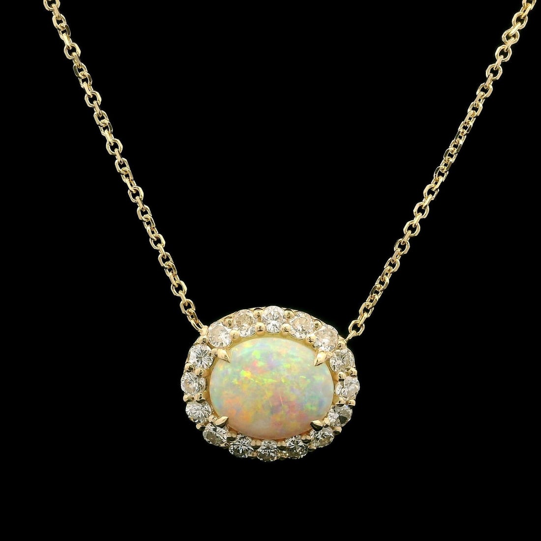 14K Yellow Gold 3.95ct Australian Opal Diamond Halo Pendant Necklace: 14K Yellow Gold 3.95ct Australian Opal Diamond Halo Pendant Necklace This stunning 14k Gold pendant features a captivating 3.95ct Australian Opal, elegantly surrounded by a diamond halo. The opal, dis