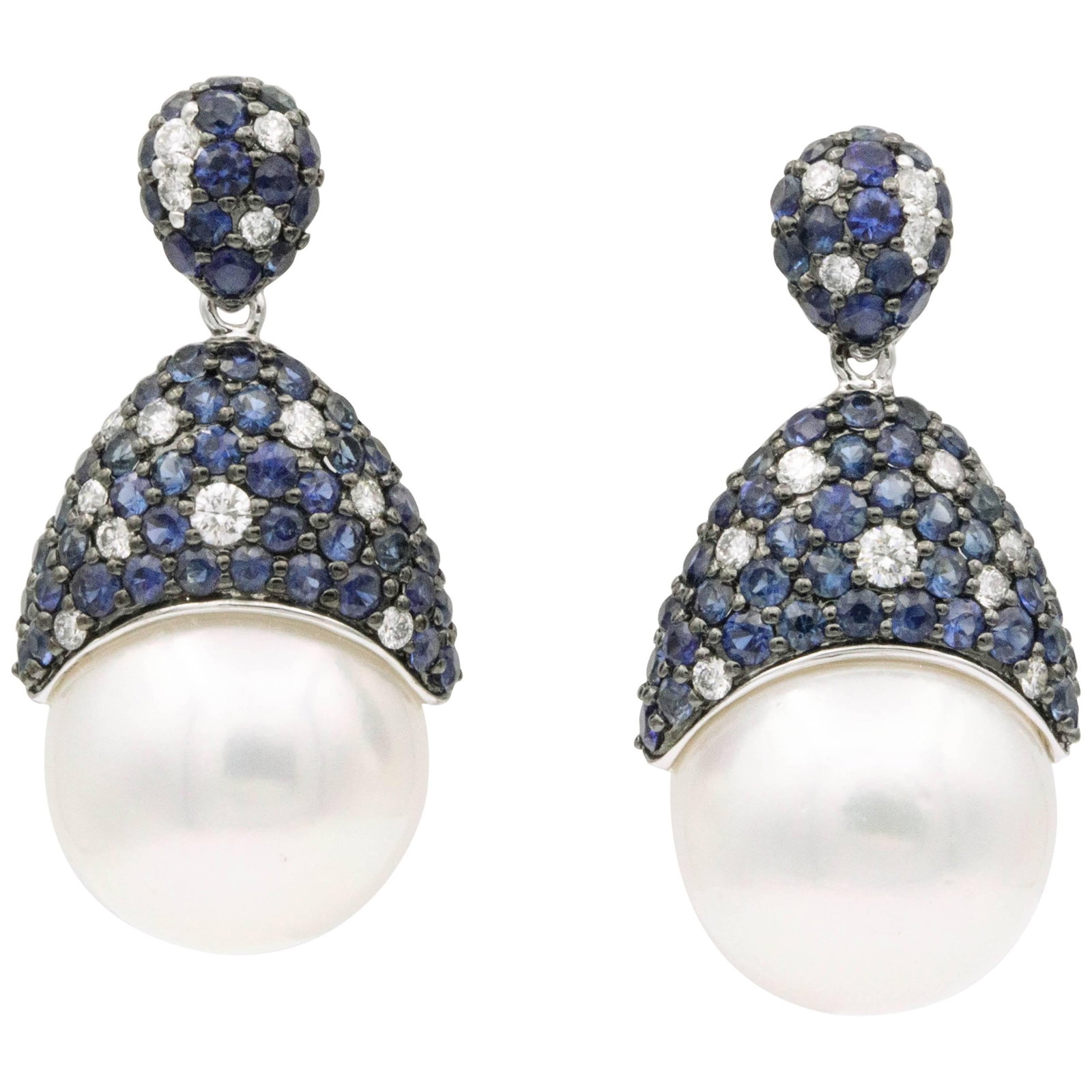 Harbor Diamonds Sapphire Diamond South Sea Pearl Drop Earrings 3.52ct 18k White Gold