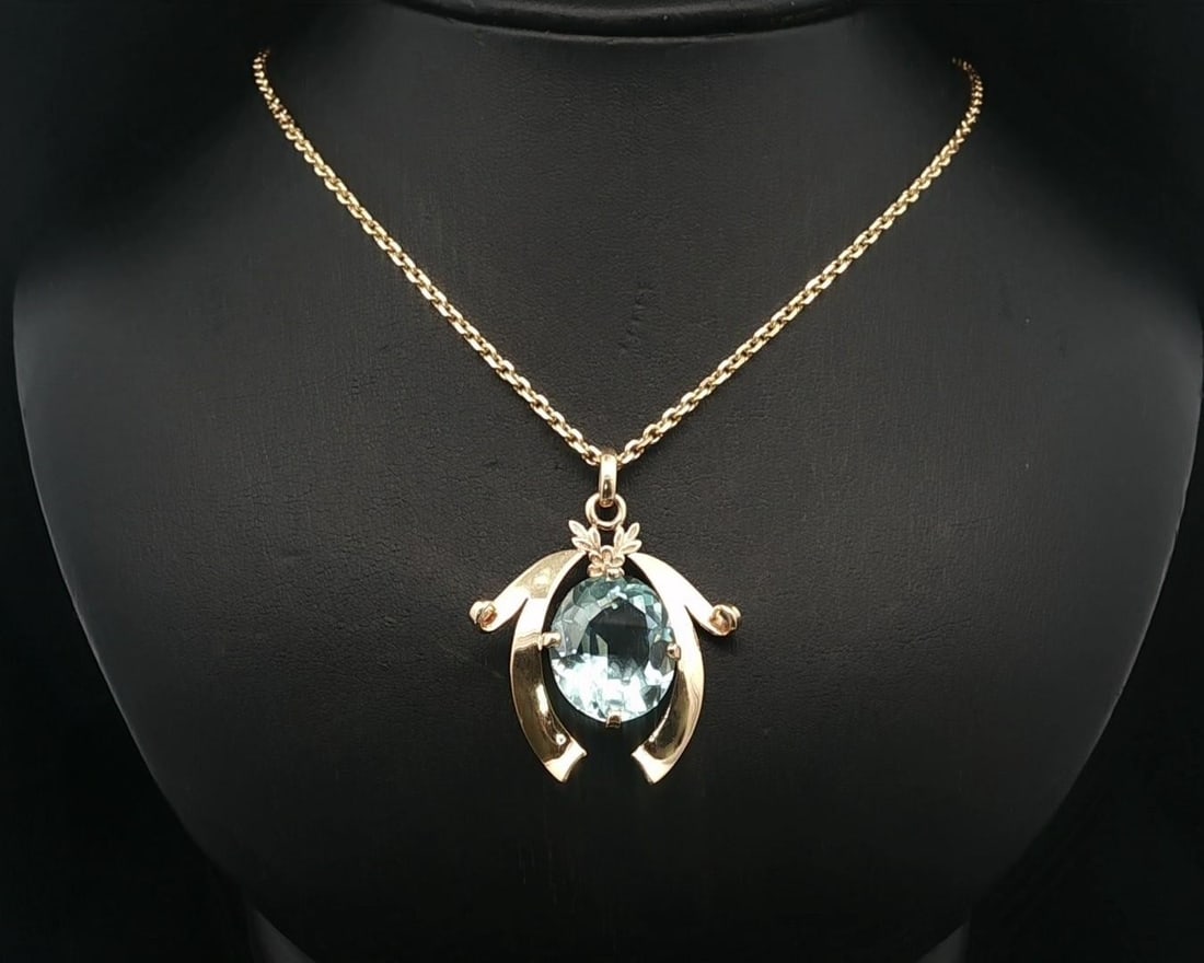 Vintage 14k Yellow Gold Aquamarine Ribbon Pendant Necklace 24"
