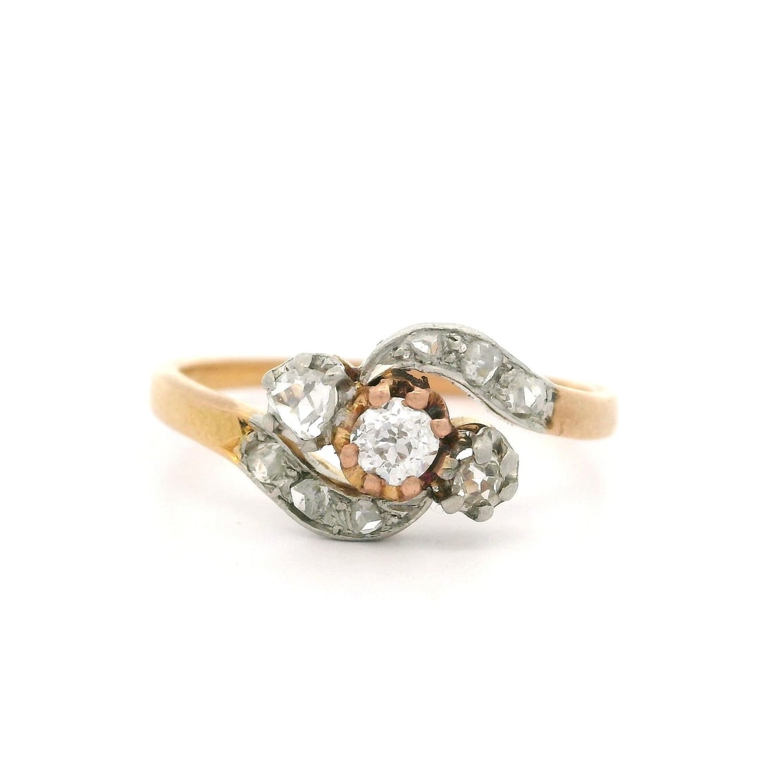 Antique Edwardian 18K Gold Platinum Diamond Bypass Ring 0.25ctw