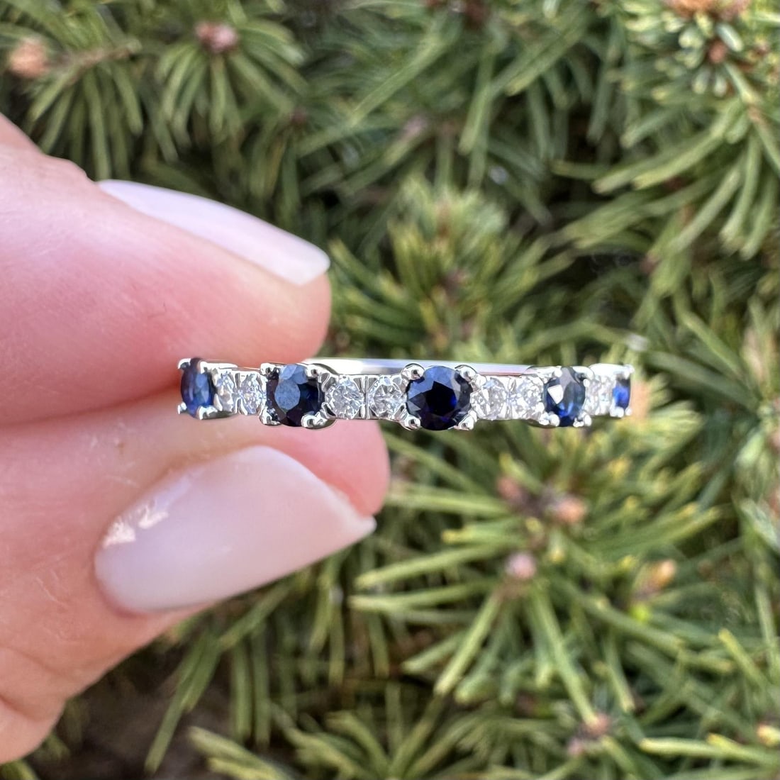 Dainty 14k White Gold Sapphire and Diamond Band Ring Size 7.5
