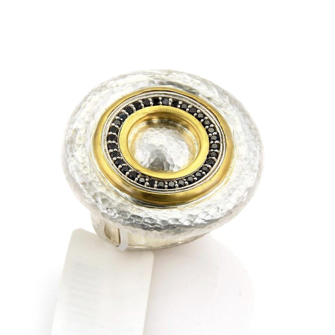 GURHAN Moon Beam Ring 24k Gold Overlay Sterling Silver Black Diamond 6.5: GURHAN Moon Beam Ring 24k Gold Overlay Sterling Silver Black Diamond 6.5 A signed Gurhan Moon Beam ring crafted in sterling silver with a 24k gold overlay, featuring black diamonds and a hand-hammered
