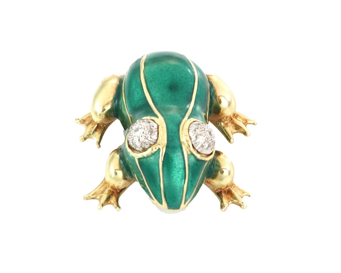 Vintage 14k Two Tone Gold Frog Brooch with Enamel and Diamonds: Vintage 14k Two Tone Gold Frog Brooch with Enamel and Diamonds Add a touch of whimsy to your accessory collection with this charming vintage frog brooch, expertly crafted from 14k yellow and white gol