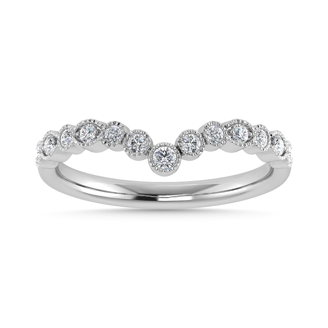 Diamond 1/8 Ct.Tw. Chevron Band in 14K White Gold: Diamond 1/8 Ct.Tw. Chevron Band in 14K White Gold 14k White Gold Stone Color: G-h Stone Clarity: Si2 Each ring is presented in standard size 6.5. Complimentary resizing is available between sizes 510 