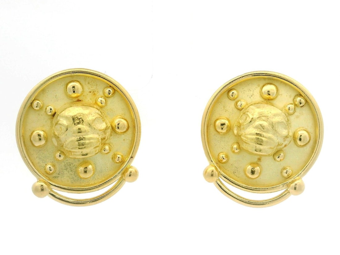 Denise Roberge 18k Yellow Gold Textured Clip On Earrings: Denise Roberge 18k Yellow Gold Textured Clip On Earrings Elevate your style with these exquisite Denise Roberge Solid 18k Yellow Gold Textured Face Button Clip-On Earrings. Crafted from solid 18k yell