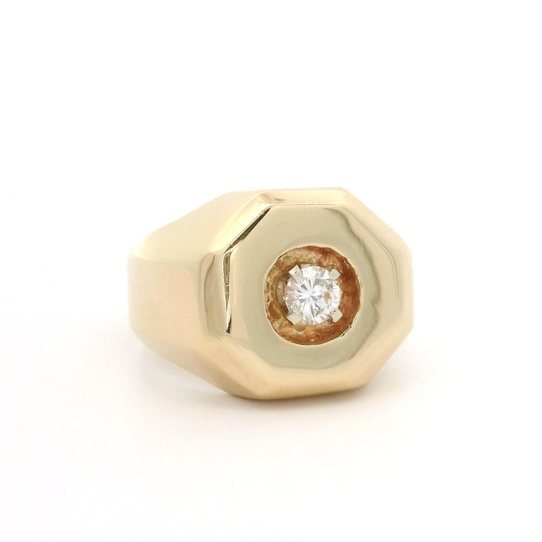 Octagonal 14k Yellow Gold Ring with 0.23ct Solitaire Diamond: Octagonal 14k Yellow Gold Ring with 0.23ct Solitaire Diamond This ring features a floating solitaire design with a round brilliant cut natural diamond, weighing approximately 0.23 carats. The diamond 