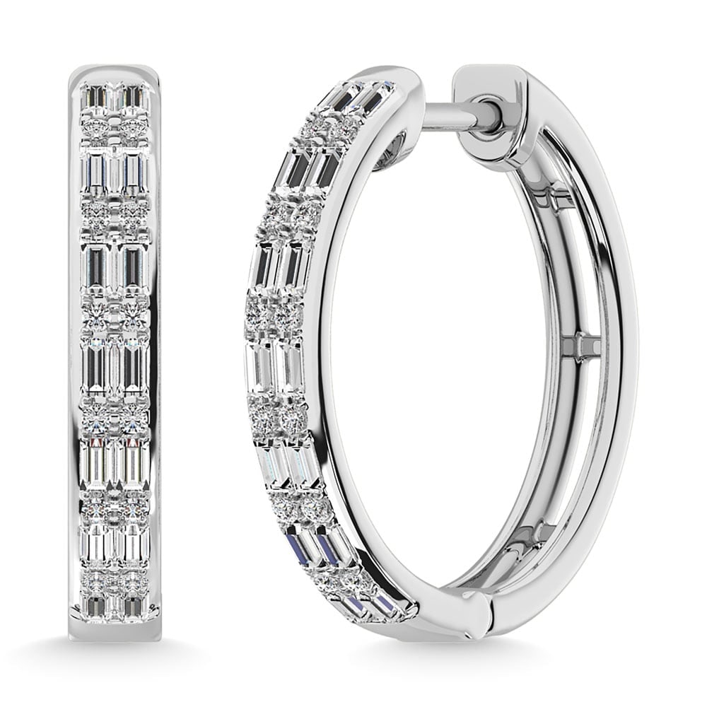 Diamond 1/3 Ct.Tw. Hoop Earrings in 10K White Gold: Diamond 1/3 Ct.Tw. Hoop Earrings in 10K White Gold 10k White Gold Stone Color: G-h Stone Clarity: I3 This item may take 2-5 weeks for shipping. PLEASE NOTE: Framed, Large, or heavy items do not have s