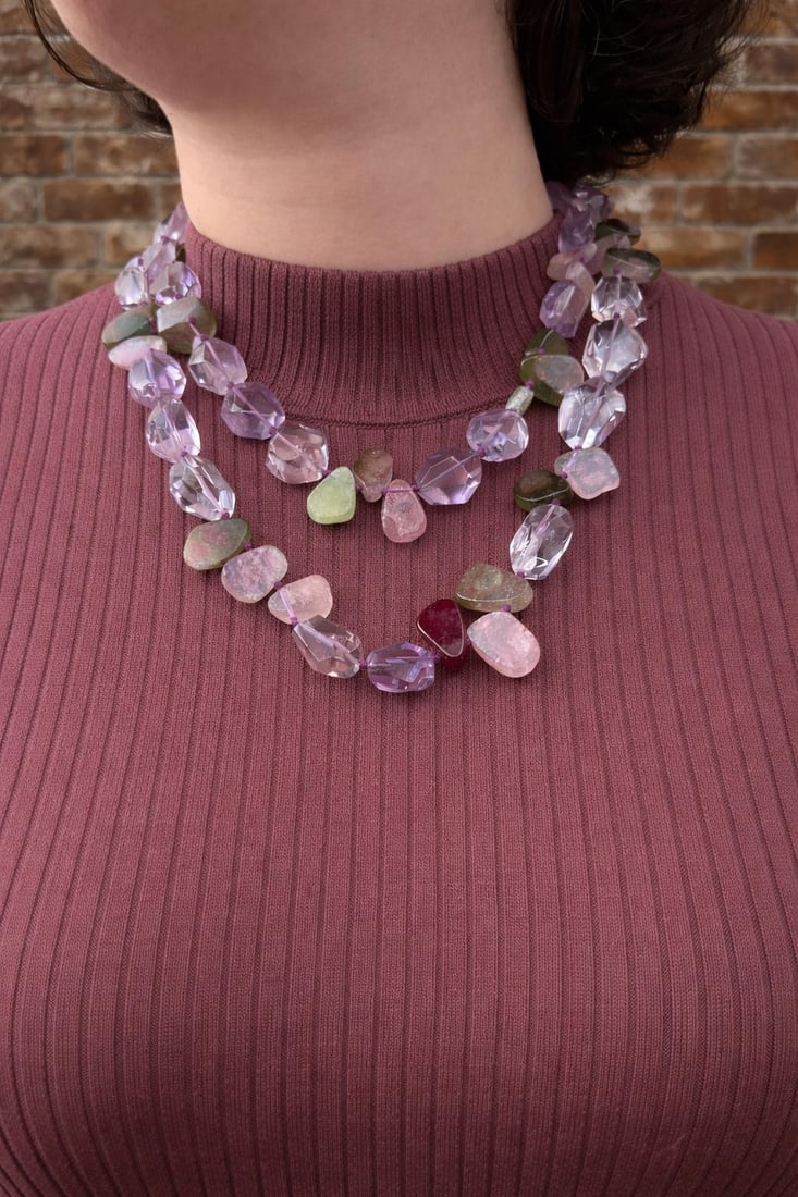 Natural Tourmaline Bead Necklace With 18k Yellow Gold Hook Clasp 41 Inch: Natural Tourmaline Bead Necklace With 18k Yellow Gold Hook Clasp 41 Inch This vintage necklace features 69 natural tourmaline beads in flat and faceted shapes, displaying a range of pink, purple, and 