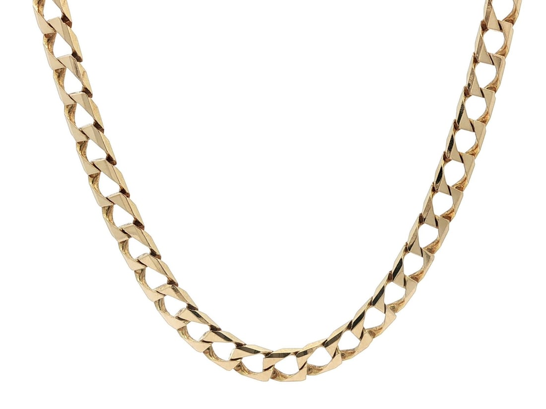 Squared Cuban Curb Link Chain Necklace in 14k Yellow Gold 20 Inch Vintage: Squared Cuban Curb Link Chain Necklace in 14k Yellow Gold 20 Inch Vintage This vintage unisex necklace features a unique squared Cuban curb link design crafted from solid 14k yellow gold. Measuring 20
