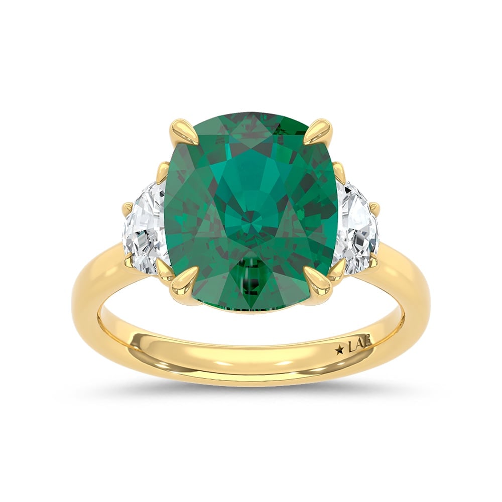 14K Yellow Gold Lab Grown Diamond 4 7/8 Ct.Tw. Cushion Shape Recrystalized Emerald Engagement Ring: 14K Yellow Gold Lab Grown Diamond 4 7/8 Ct.Tw. Cushion Shape Recrystalized Emerald Engagement Ring (Center 4 1/3 ct) Celebrate timeless sophistication with this 14K yellow gold engagement ring, featur