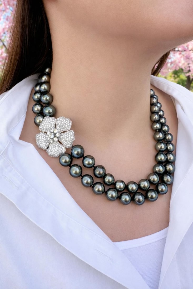 Double Strand Tahitian Pearl Necklace With GIA Certified 10ct Diamond Flower Clasp: Double Strand Tahitian Pearl Necklace With GIA Certified 10ct Diamond Flower Clasp This exquisite dual strand necklace features 74 genuine cultured Tahitian pearls in near round shape, displaying dark