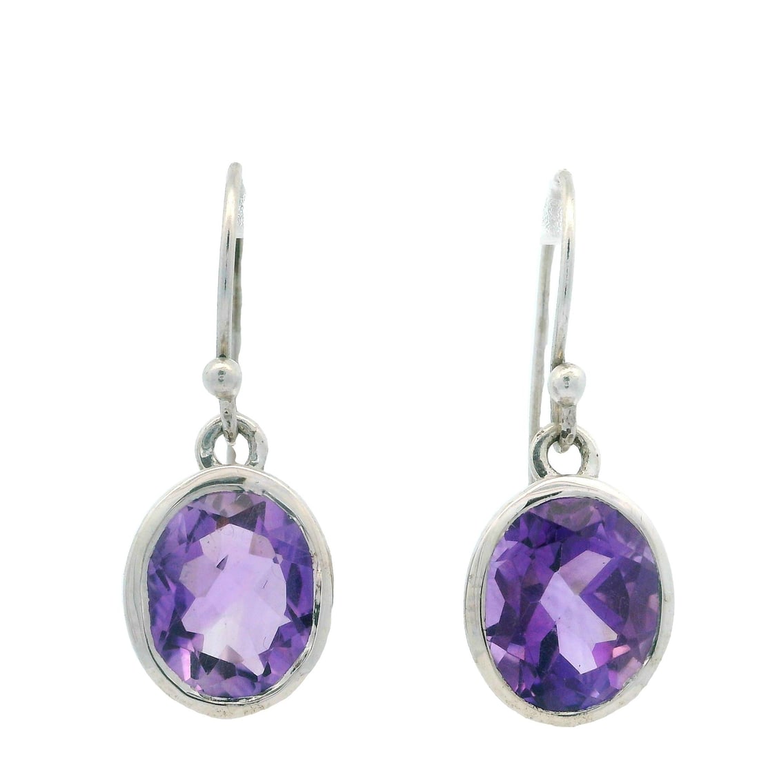 Estate Sterling Silver Amethyst Dangle Earrings Purple Oval Gemstone