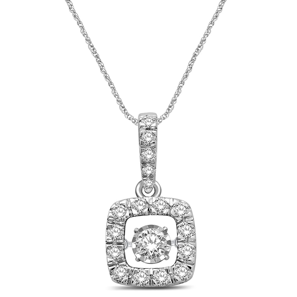 14K White Gold 1 Ct.Tw. Moving Diamond Pendant: 14K White Gold 1 Ct.Tw. Moving Diamond Pendant This Lavish Pendant Expertly Crafted In 14K White Gold And Set With Shimmering 1 Ct.Tw. Diamonds. The Center diamond glistens in a unique setting that mo