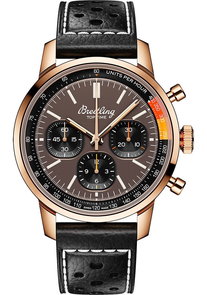 Breitling Top Time B01 Bronze Dial Chronograph Leather Strap RB01761A1Q1X1 with Card: Breitling Top Time B01 Bronze Dial Chronograph Leather Strap RB01761A1Q1X1 with Card This Breitling Top Time B01 wristwatch features a distinctive bronze dial and a fixed bezel. The timepiece is paire