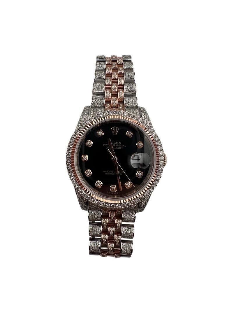 Mens Rolex Datejust 116231 Diamond Bezel Jubilee Aftermarket Black Dial: Mens Rolex Datejust 116231 Diamond Bezel Jubilee Aftermarket Black Dial This is a men's Rolex Datejust watch featuring an aftermarket black dial and a diamond bezel. The watch is equipped with a Jubil