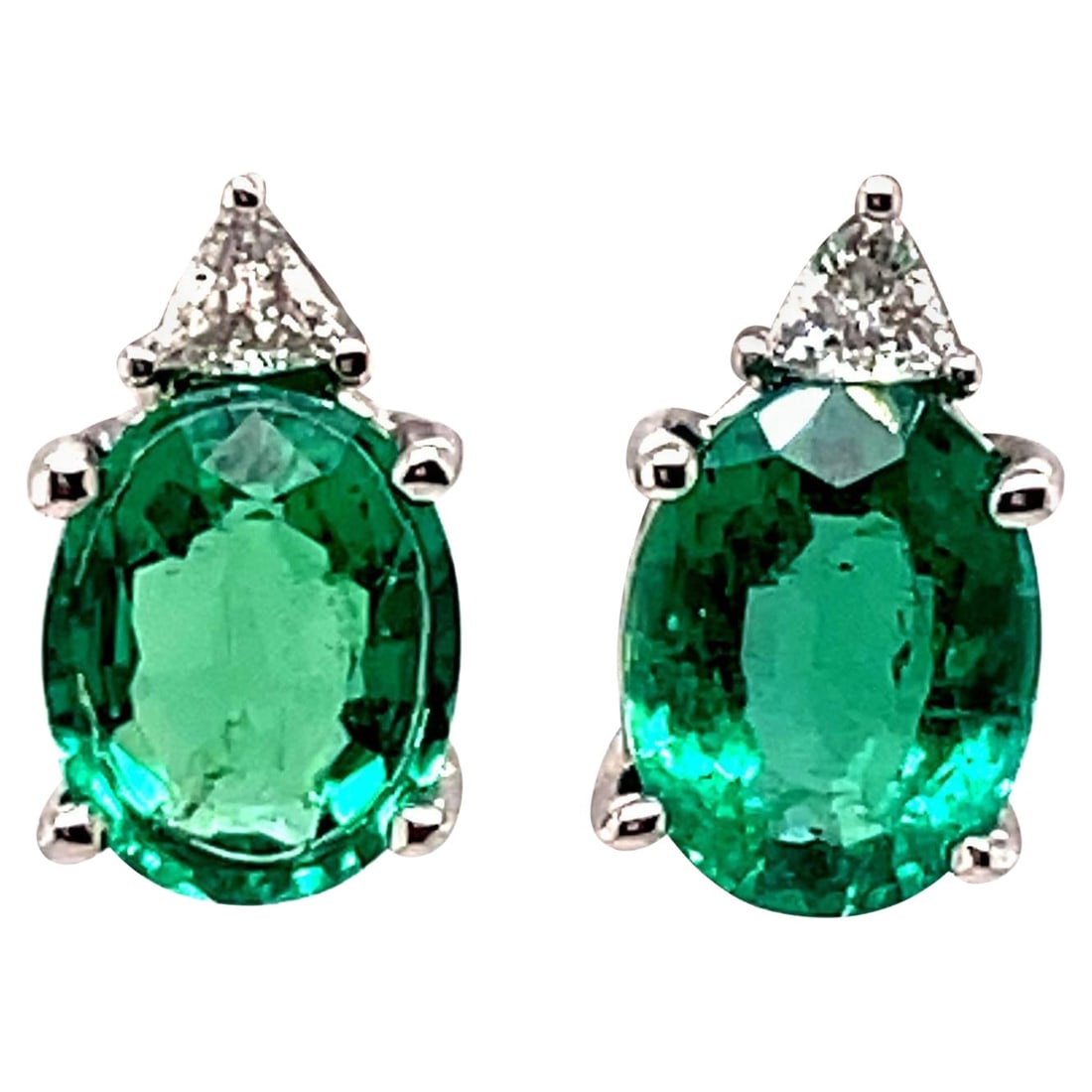3.02ct Oval Emerald Stud Earrings with Trilliant Diamonds in 18k White Gold