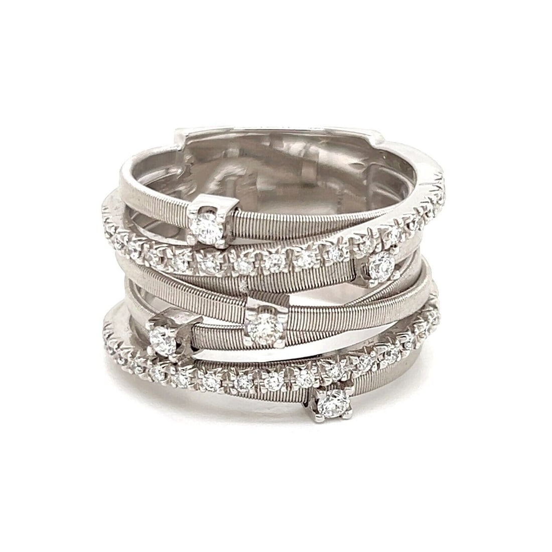 Marco Bicego GOA 18k White Gold Diamond Seven Row Band Ring 6.5: Marco Bicego GOA 18k White Gold Diamond Seven Row Band Ring 6.5 This Marco Bicego GOA ring is a multi-row diamond band crafted in 18k white gold. It features a seven-row layered design with diamond ac