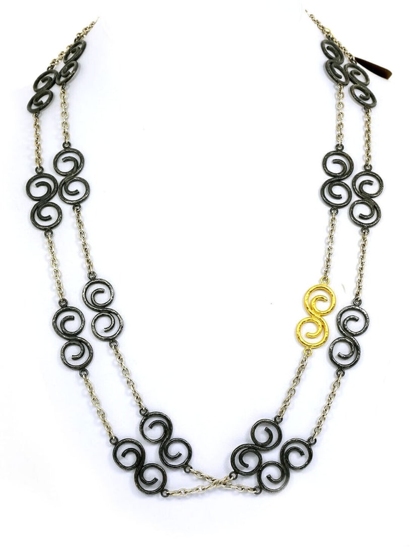 Gurhan Vortex Dark Spiral Station Necklace Sterling Silver 24k Gold 47"