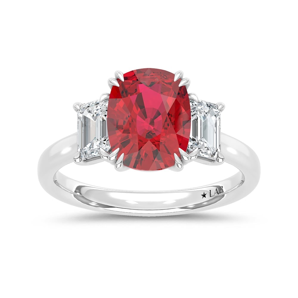 14K White Gold Lab Grown Diamond 4 Ct.Tw. Cushion Shape Recrystalized Ruby Engagement Ring (Center 3: 14K White Gold Lab Grown Diamond 4 Ct.Tw. Cushion Shape Recrystalized Ruby Engagement Ring (Center 3 ct) Exude timeless elegance with this 14K white gold engagement ring. Its centerpiece is a brillian