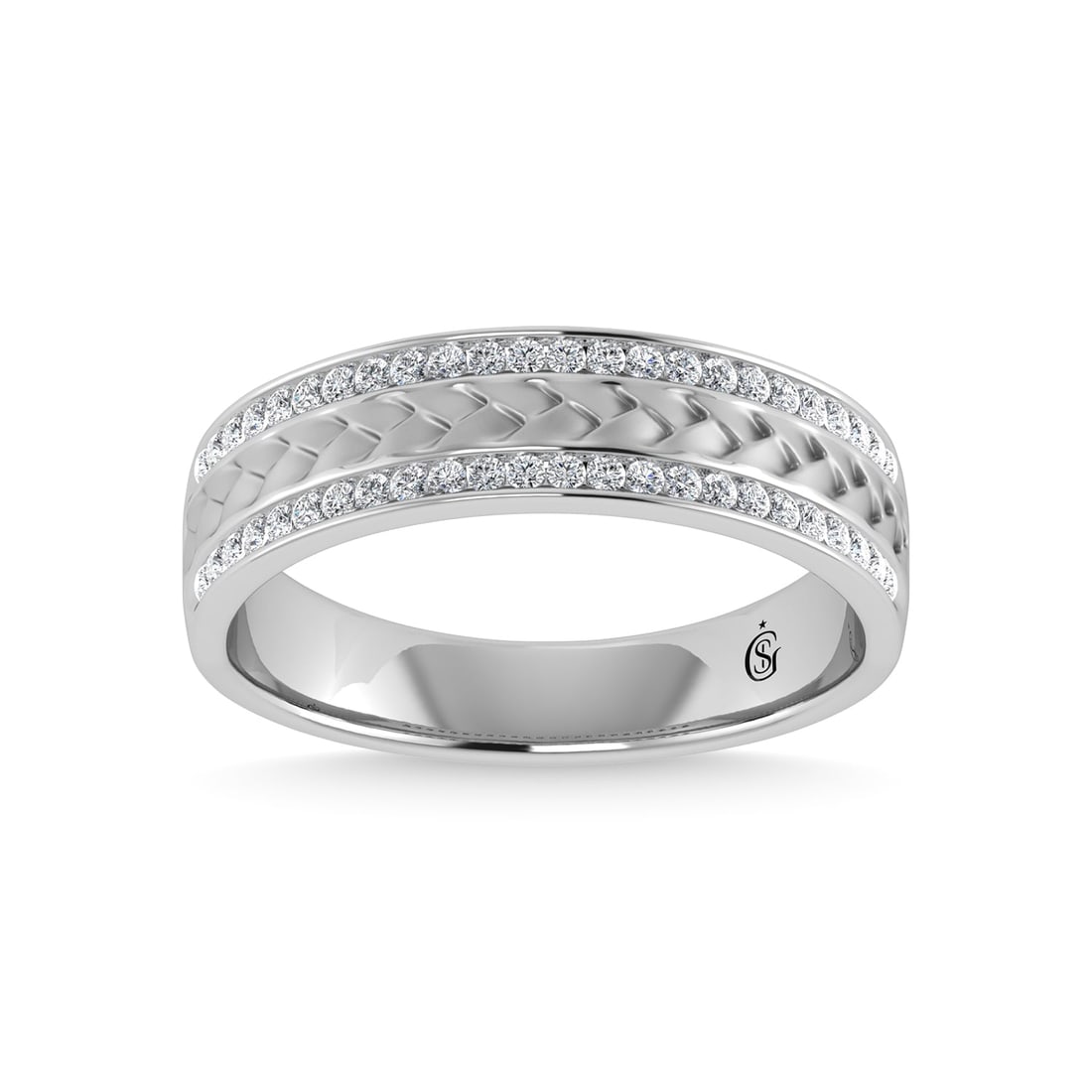 14K White Gold Diamond 1/3 Ct.Tw. Mens Machine Band: 14K White Gold Diamond 1/3 Ct.Tw. Mens Machine Band 14k White Gold Stone Color: G-h Stone Clarity: I1-i2 Each ring is presented in standard size 6.5. Complimentary resizing is available between sizes