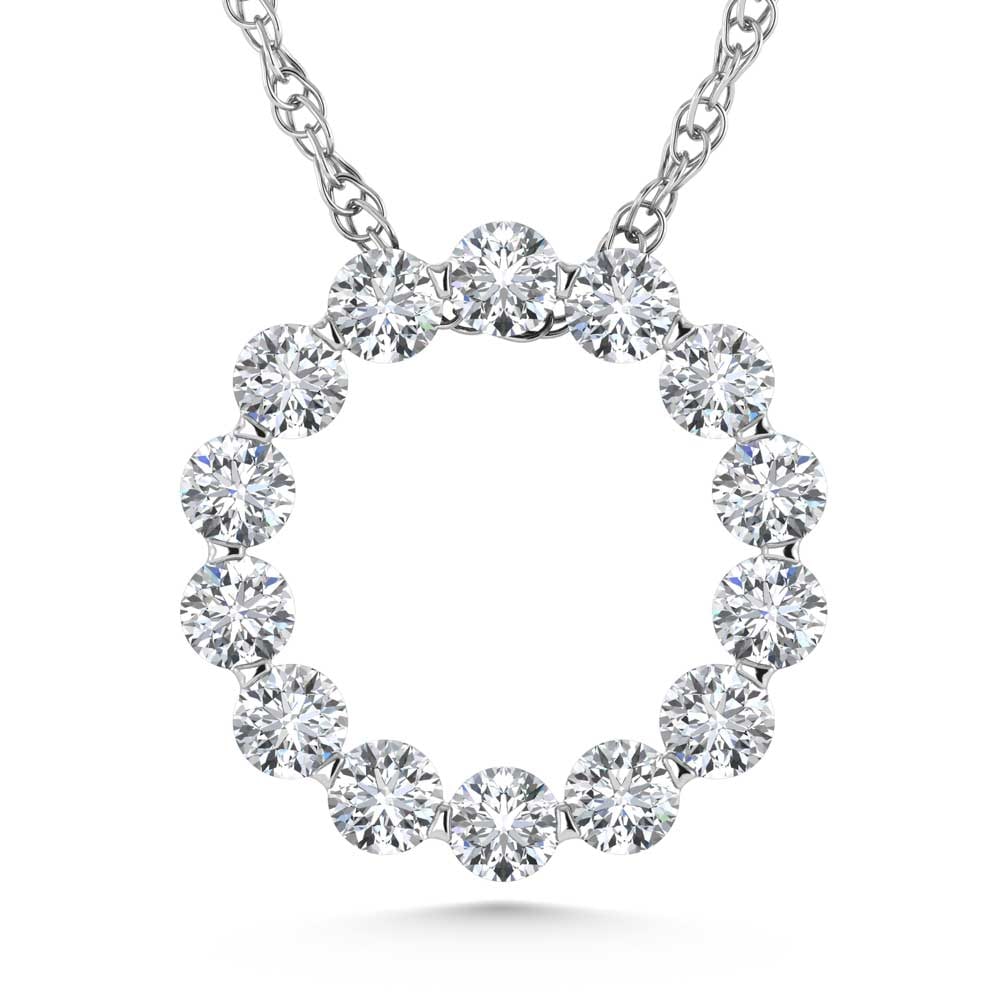14K White Gold Lab Grown Diamond 1 Ct.Tw. Circle Pendant: 14K White Gold Lab Grown Diamond 1 Ct.Tw. Circle Pendant Crafted in polished 14K white gold, this elegant circle pendant features lab-grown diamonds totaling 1 carat total weight for timeless brillian