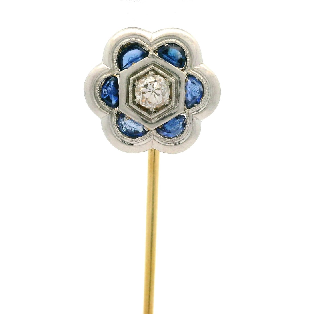Antique Art Deco 18k Gold Diamond Sapphire Flower Stick Pin: Antique Art Deco 18k Gold Diamond Sapphire Flower Stick Pin This exquisite Antique Art Deco stick pin features a delicate floral design, beautifully crafted from 18k yellow and white gold. The pin is 