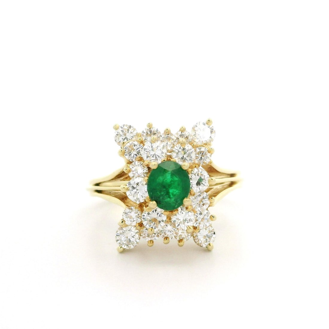 High Profile 18k Yellow Gold 1.70ctw Emerald Diamond Cocktail Ring