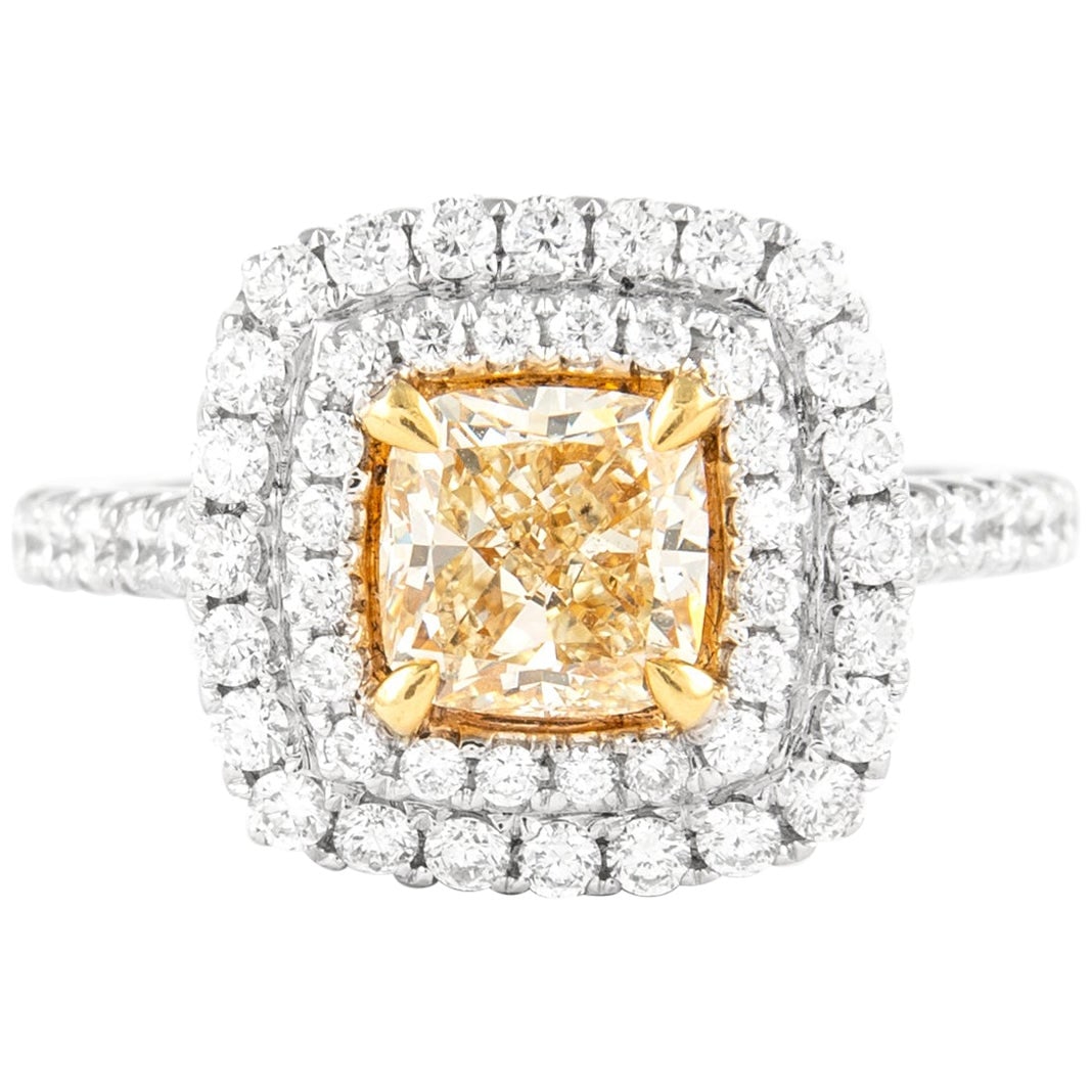 2.10ct Fancy Intense Yellow Diamond Halo Ring 18k Gold EGL Certified: 2.10ct Fancy Intense Yellow Diamond Halo Ring 18k Gold EGL Certified This exquisite 2.10 carat Fancy Intense Yellow VS2 Diamond Halo Ring features a stunning contemporary design crafted from 18k two-t
