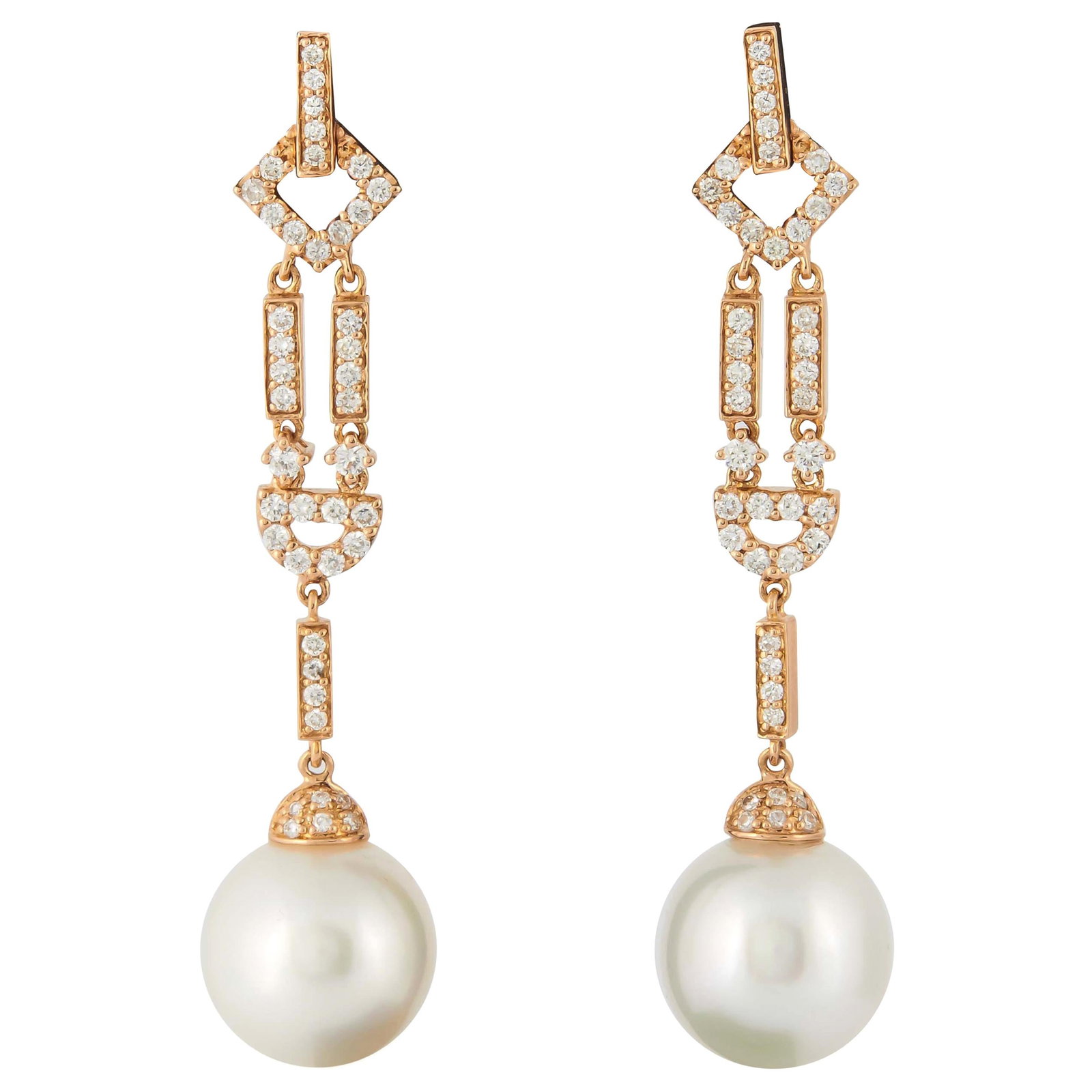 Harbor Diamonds 18K Rose Gold South Sea Pearl Diamond Drop Earrings: Harbor Diamonds 18K Rose Gold South Sea Pearl Diamond Drop Earrings Elevate your elegance with these stunning drop earrings crafted in 18K rose gold. Featuring two exquisite South Sea pearls measuring