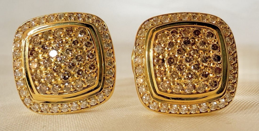 David Yurman 18k Yellow Gold Diamond and Colored Diamond Earrings with Bag: David Yurman 18k Yellow Gold Diamond and Colored Diamond Earrings with Bag This pair of David Yurman cuff stud earrings is crafted from 18k yellow gold and adorned with both colorless and colored diam