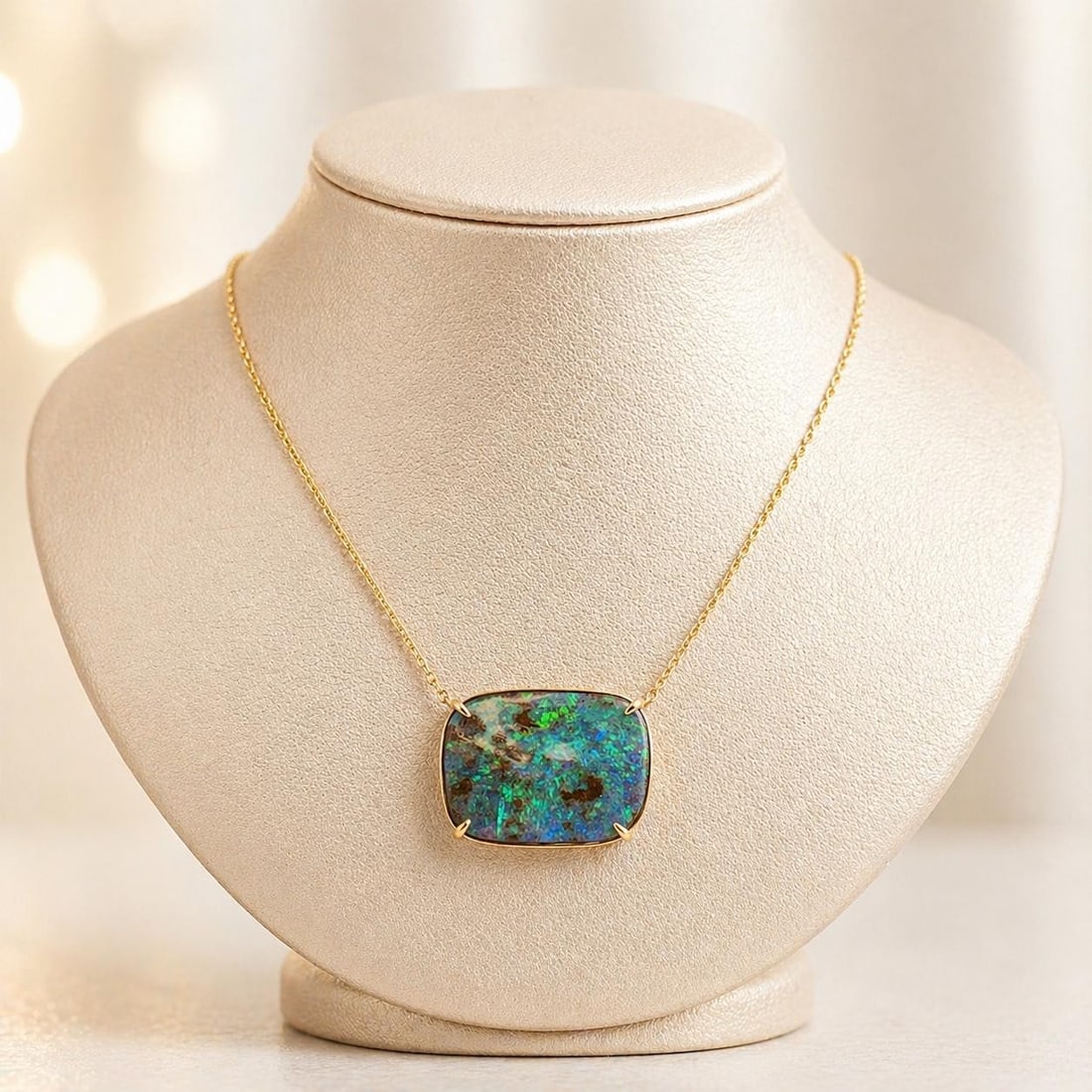 14k Yellow Gold Boulder Opal Pendant Necklace Adjustable 16.22ct: 14k Yellow Gold Boulder Opal Pendant Necklace Adjustable 16.22ct This elegant necklace features a custom-cut, natural boulder opal solitaire pendant set in solid 14k yellow gold. The opal displays vib