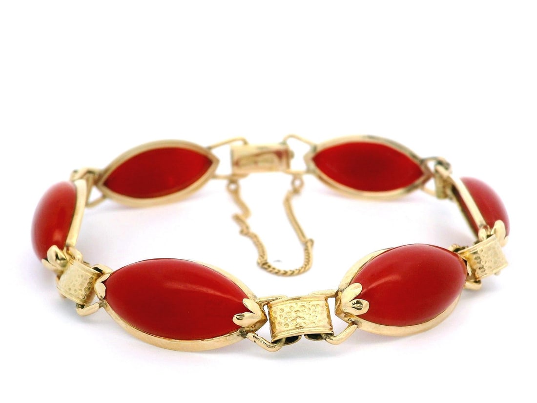 Vintage Yellow Gold Synthetic Coral Cabochon Bracelet 7 inch