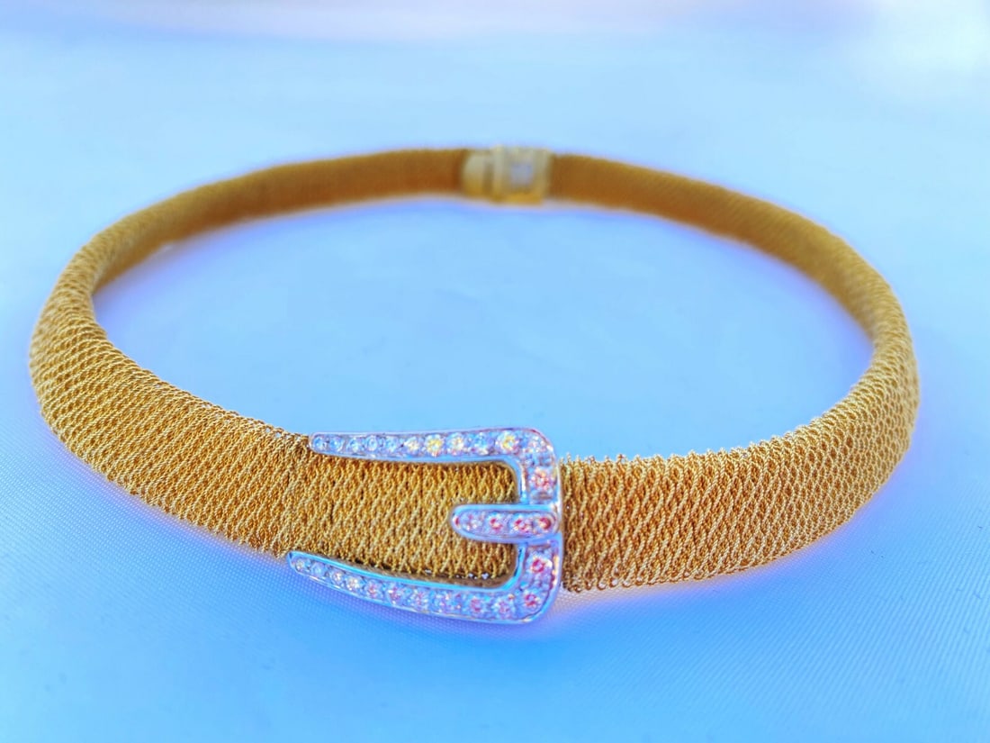 Italian 18K Yellow White Gold Diamond Necklace Signed Choker: Italian 18K Yellow White Gold Diamond Necklace Signed Choker This magnificent Italian necklace features a stunning combination of 18K yellow and white gold, accented with diamonds. Measuring 15.50" in