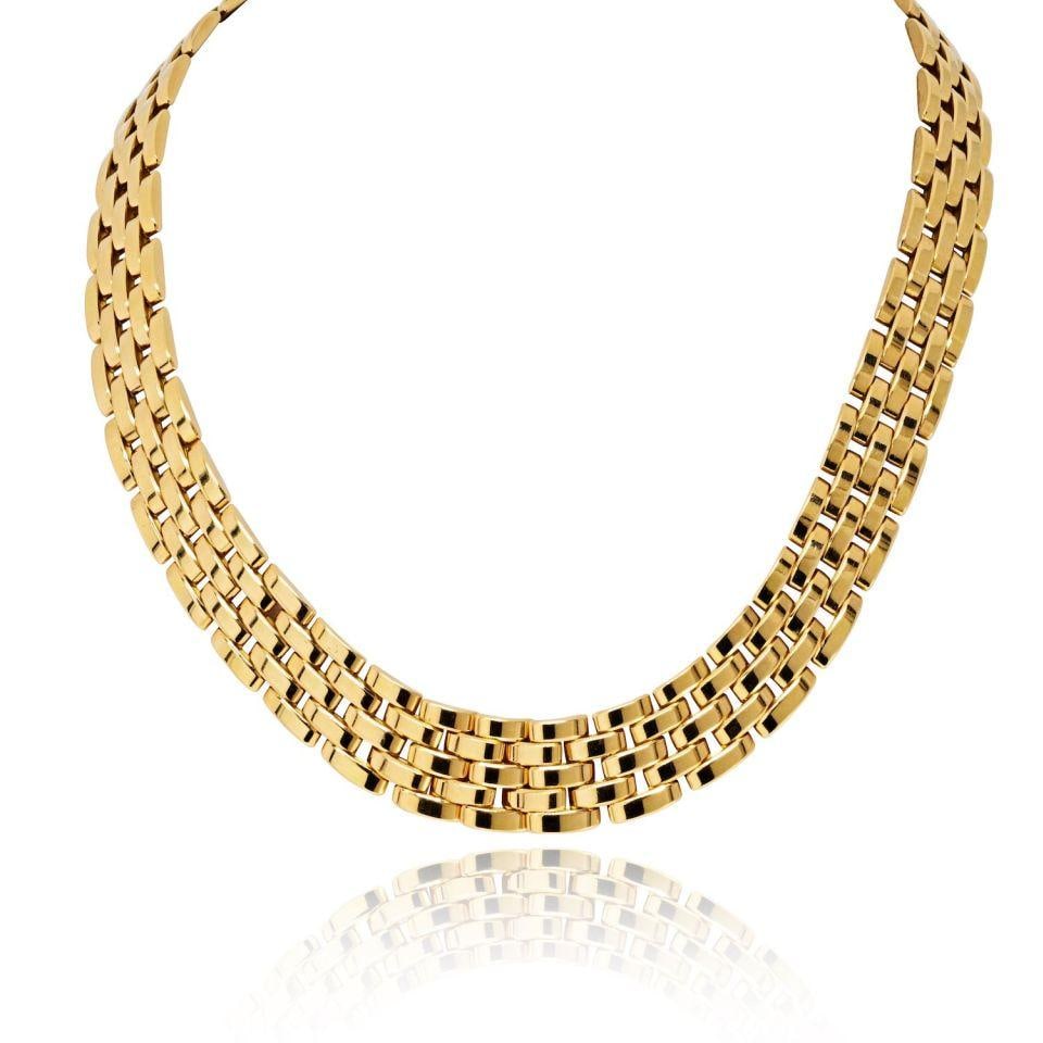 Five Row 18K Yellow Gold Maillon Panthere Necklace by Cartier Estate: Five Row 18K Yellow Gold Maillon Panthere Necklace by Cartier Estate This Cartier Maillon estate necklace is crafted from 18K yellow gold and features a striking five-row Panthere-inspired link design