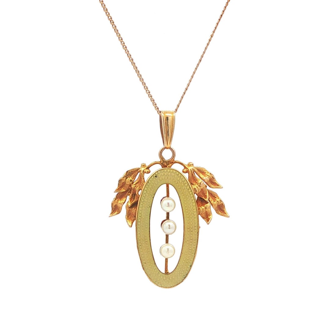Art Nouveau 13-14k Yellow Gold Pearl Enamel Leaf Pendant Necklace: Art Nouveau 13-14k Yellow Gold Pearl Enamel Leaf Pendant Necklace This antique Art Nouveau pendant necklace features a delicate design crafted from solid 13-14k yellow gold, adorned with light yellow 