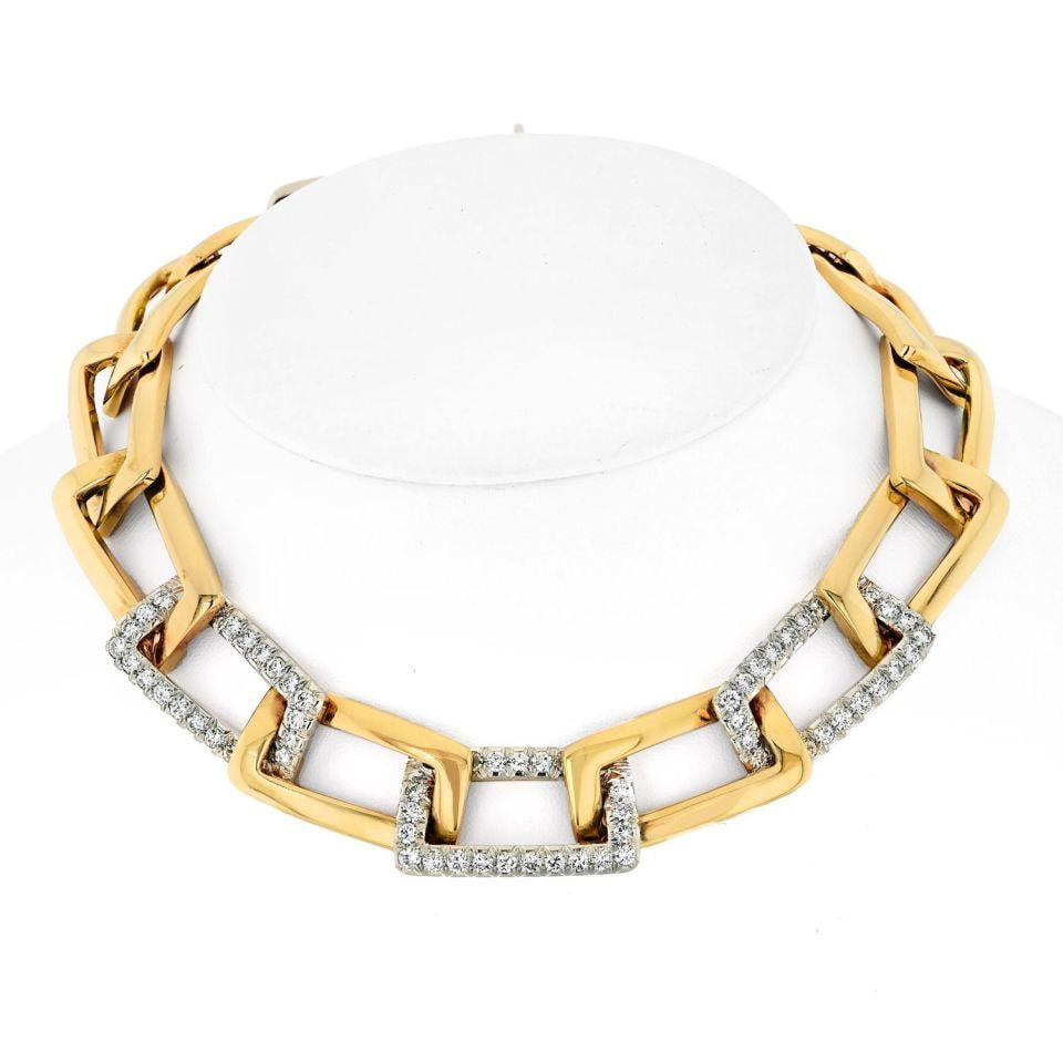 David Webb Diamond Open Link Collar Necklace in Platinum and 18K Yellow Gold: David Webb Diamond Open Link Collar Necklace in Platinum and 18K Yellow Gold Discover the epitome of luxury with this David Webb Platinum & 18K Yellow Gold Open Link Collar Necklace. This exquisite pi