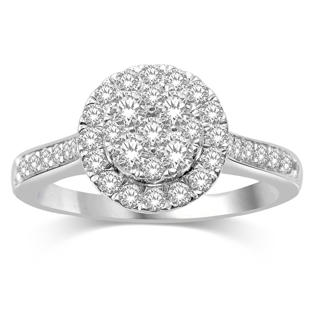 14K White Gold 9/10 Ct.Tw Diamond Engagement Ring: 14K White Gold 9/10 Ct.Tw Diamond Engagement Ring This eye-catching ring is available in 14K White Gold. There are 37 round / round brown diamonds with a total carat weight of 9/10Ct.Tw. set in a pron