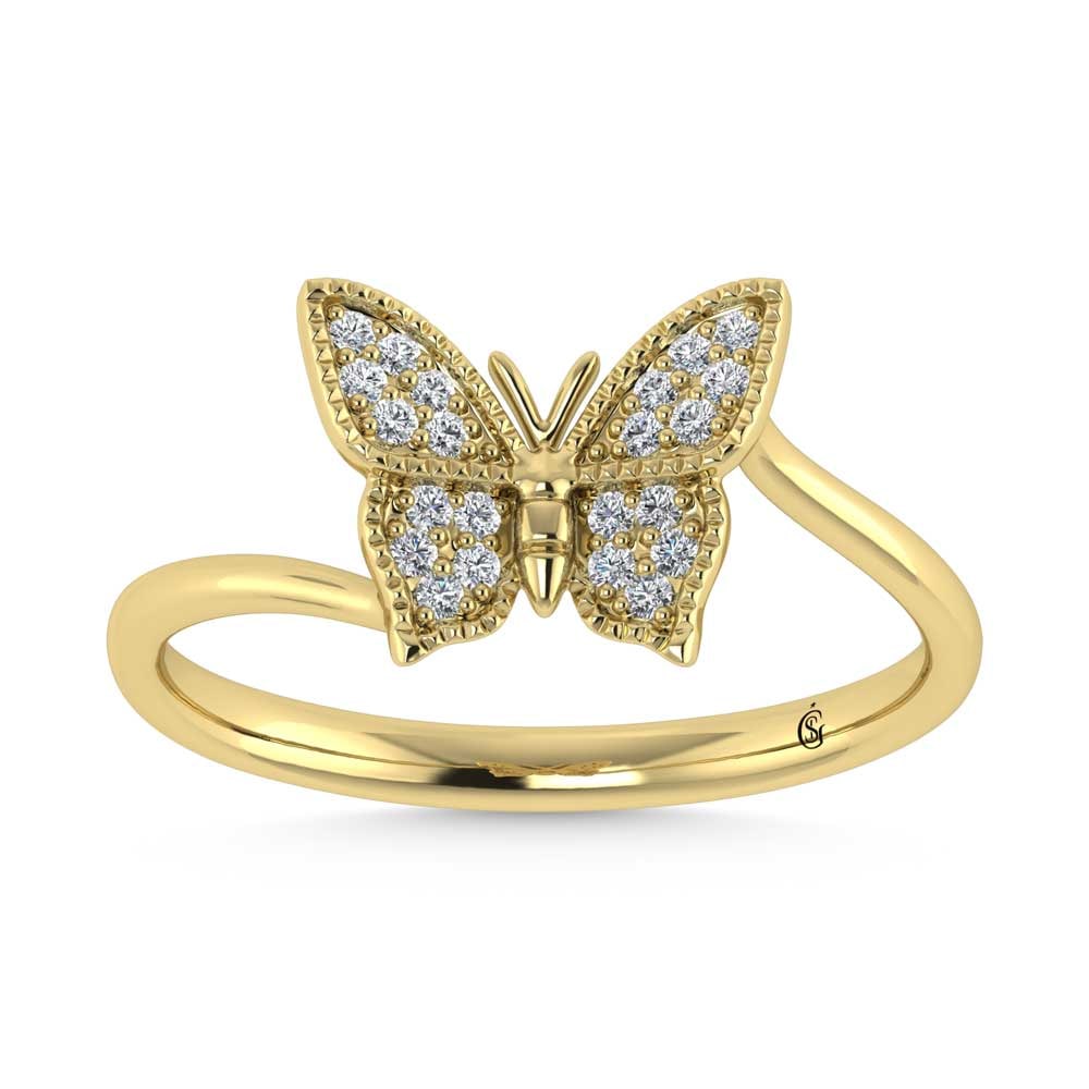 14K Yellow Gold Diamond 1/10 Ct.Tw. Butterfly Ring: 14K Yellow Gold Diamond 1/10 Ct.Tw. Butterfly Ring 14k Yellow Gold Stone Color: G-h Stone Clarity: Si2 Each ring is presented in standard size 6.5. Complimentary resizing is available between sizes 51