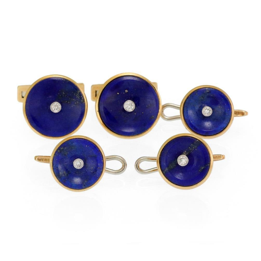 David Webb 18k Gold Platinum Cufflink and Button Stud Set with Diamonds and Lapis: David Webb 18k Gold Platinum Cufflink and Button Stud Set with Diamonds and Lapis Elevate your formal attire with this exquisite David Webb cufflink and button stud set. This authentic collection feat