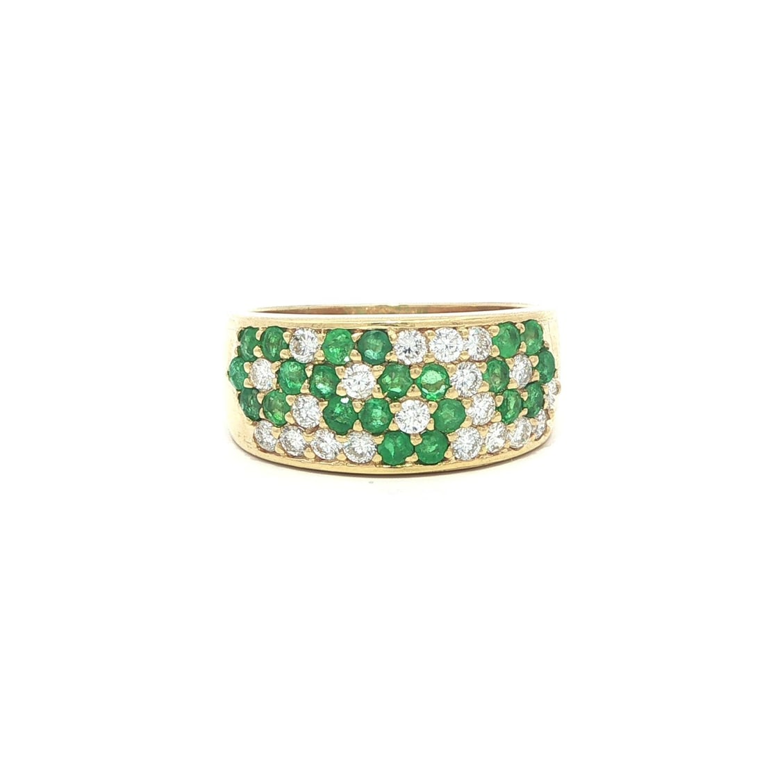 Emerald and Diamond 18k Yellow Gold Cocktail Cluster Ring 1.28ctw: Emerald and Diamond 18k Yellow Gold Cocktail Cluster Ring 1.28ctw This elegant cocktail ring features a floral cluster design set in solid 18k yellow gold. The band is adorned with approximately 0.60 