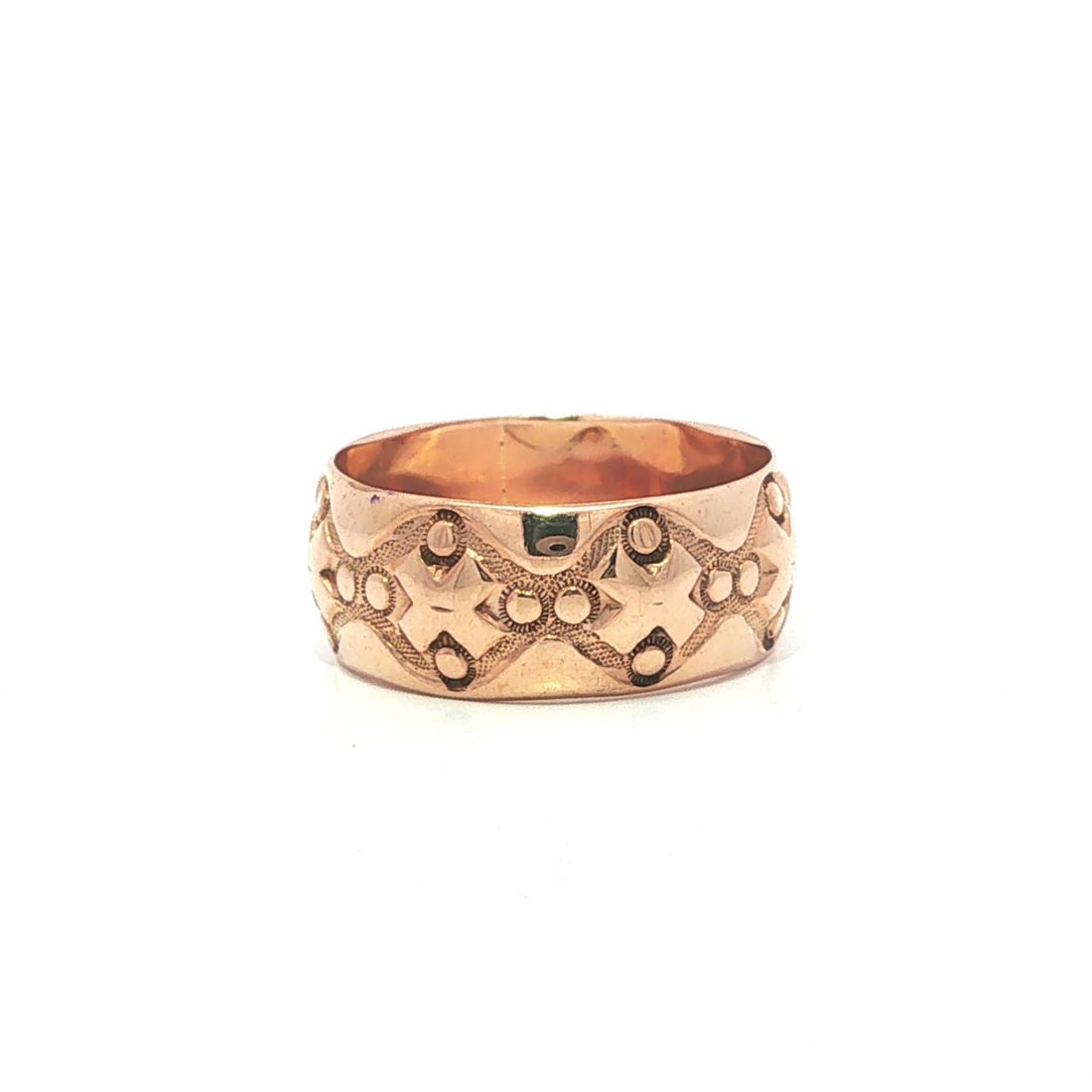 Victorian 10k Rosy Yellow Gold Wide Eternity Band Ring: Victorian 10k Rosy Yellow Gold Wide Eternity Band Ring Antique Victorian wide eternity band ring featuring repousse work in 10k rosy yellow gold. This pre-owned women's ring has no main stone and reta