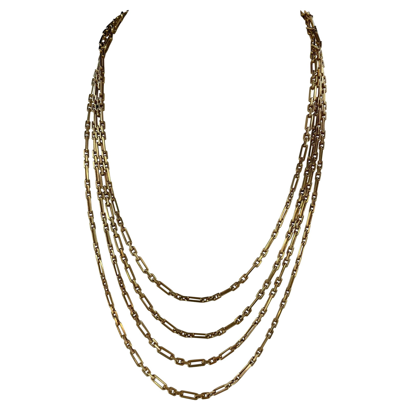 Vintage 14K Yellow Gold Multi-Strain Necklace by Harbor Diamonds: Vintage 14K Yellow Gold Multi-Strain Necklace by Harbor Diamonds This exquisite Vintage necklace is crafted from 14 Karat Yellow Gold, showcasing a contemporary design with four beautifully linked mul