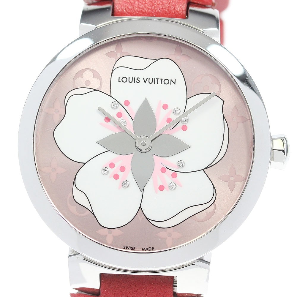 Louis Vuitton Tambour Sakura Q13MJE Womens Quartz Wristwatch 8P Diamond: Louis Vuitton Tambour Sakura Q13MJE Womens Quartz Wristwatch 8P Diamond A pre-owned women's LOUIS VUITTON Tambour Sakura quartz wristwatch. The watch is identified as model Q13MJE and is described as 