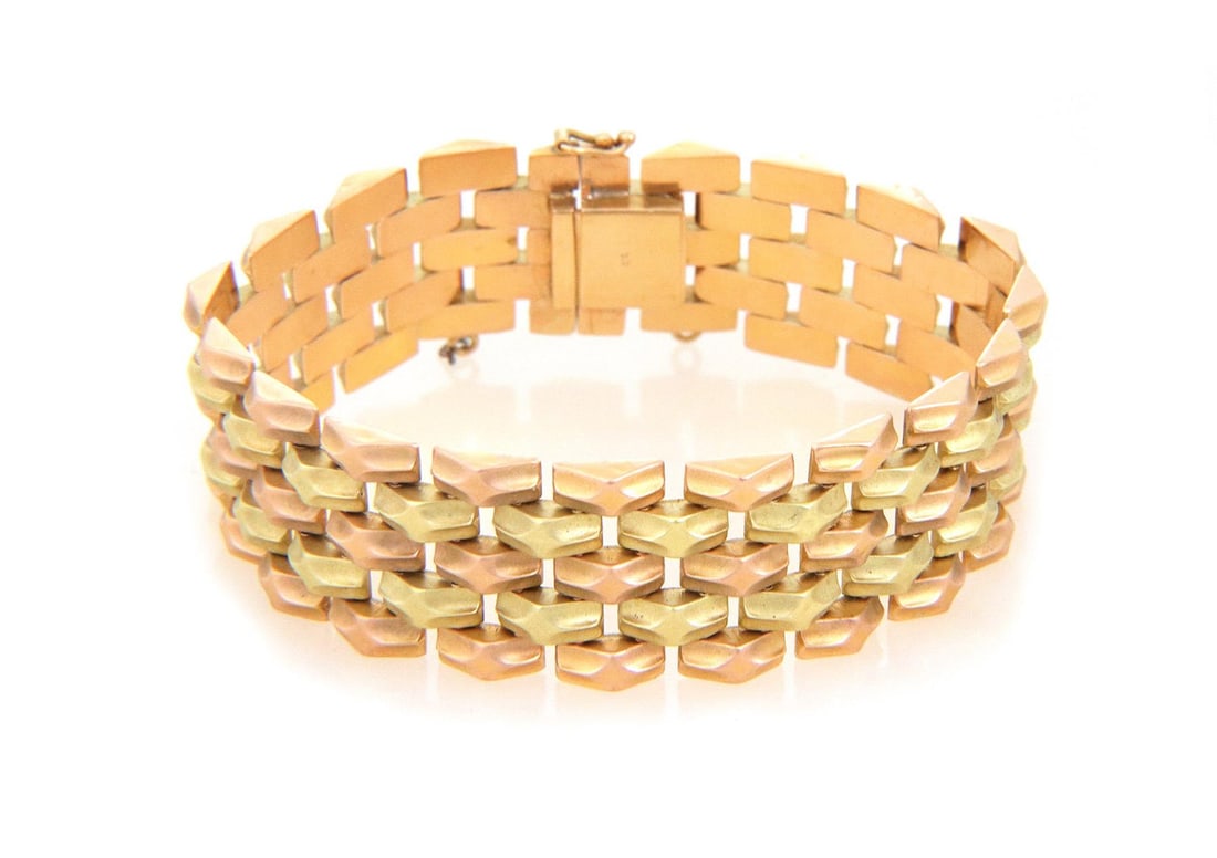 18k Yellow Rose Gold Retro 5 Row Bar Link Bracelet 20mm Wide: 18k Yellow Rose Gold Retro 5 Row Bar Link Bracelet 20mm Wide This elegant Retro Era bracelet features a stunning combination of 18k yellow and rose gold, meticulously crafted with a satin smooth finis